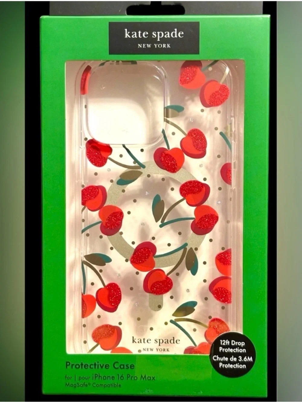 NWT Kate Spade Cherry iPhone 16 Pro Max MagSafe Case Glitter Cherry Dot